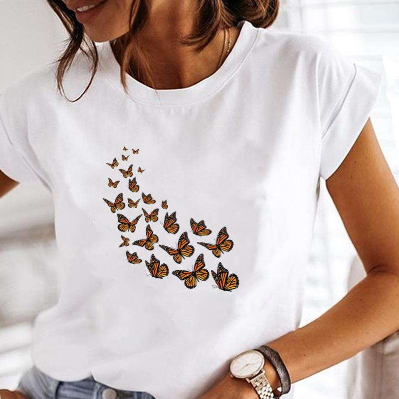 (Europäische Größe) Schmetterling T-Shirt Oberteil Aquarell Süß O-Ausschnitt Kleidung Mode T-Shirt Lässig Kurzarm Damen Druck Dame Weiblich Grafik T-Shirt