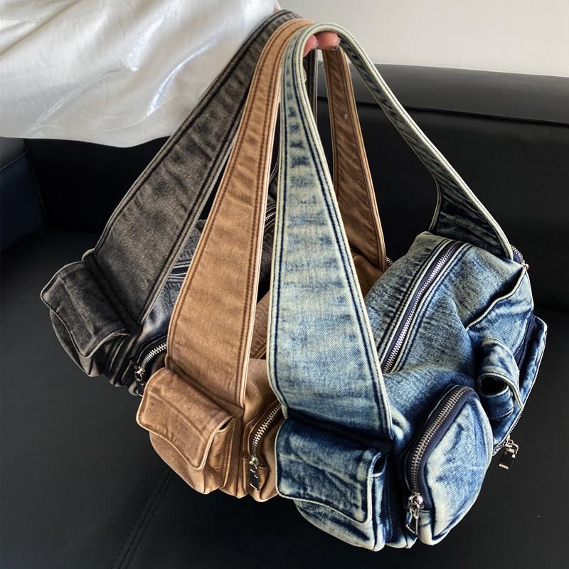 Women's crossbody denim bag large capacity casual vintage shoulder bag solid color messenger bag