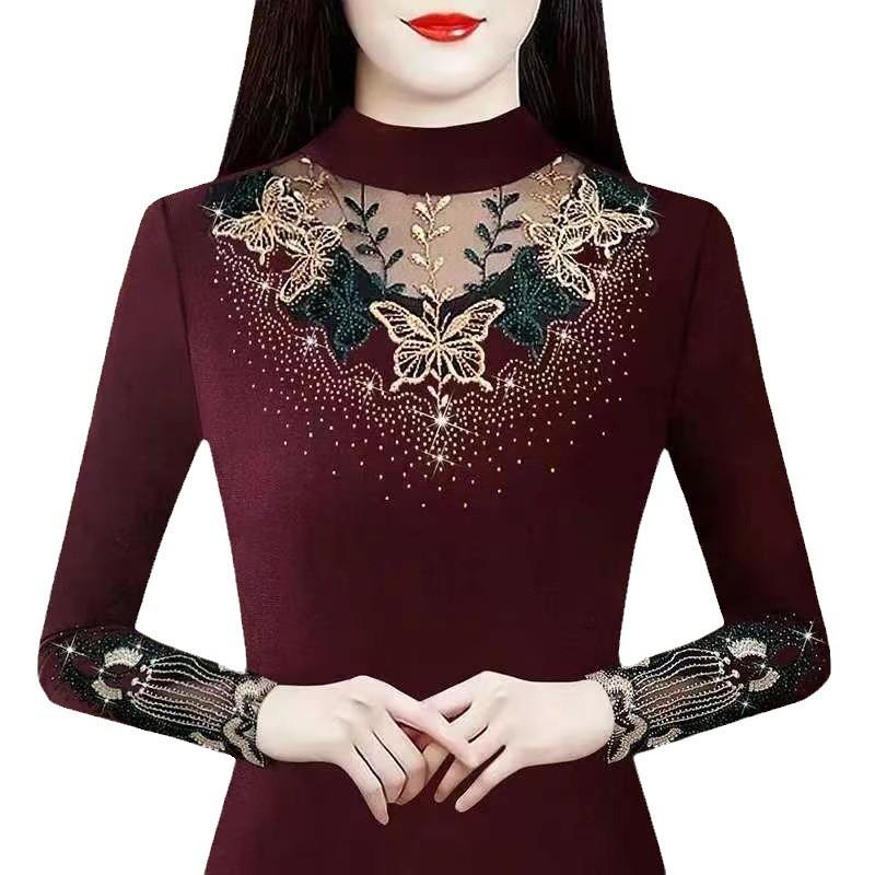 Camiseta interior de encaje 2025 nueva primavera y otoño camiseta de lana cálida para mujer