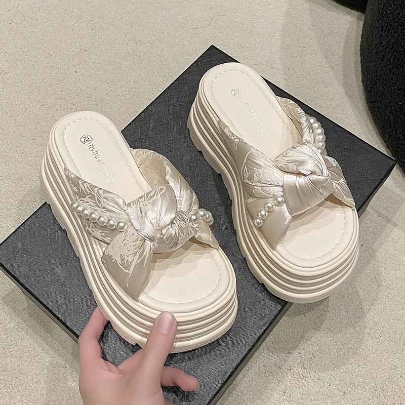 Fashion Aphixta Pearl Platform Sandals 8cm High Heels Slippers Women Slides Shoes Wedge Slippers String Bead Summer Beach Slides Shoes