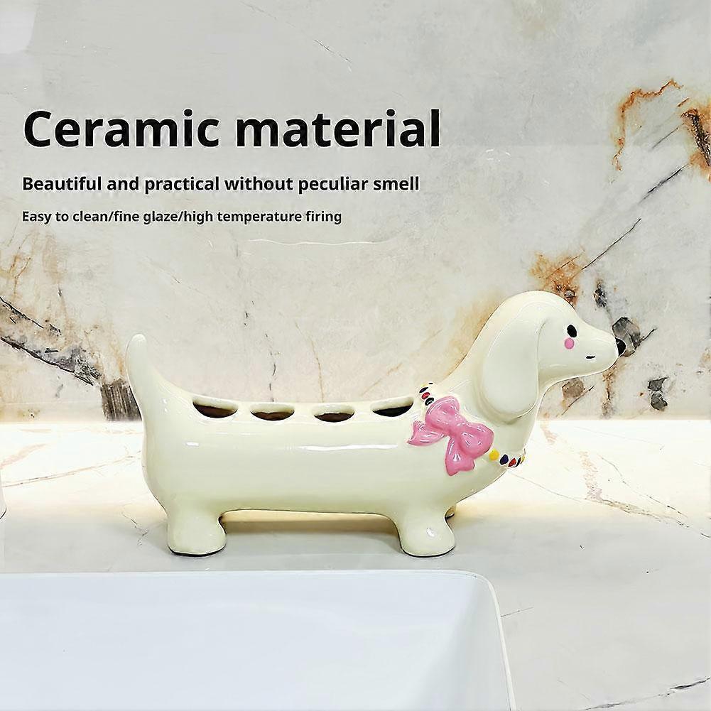 For Electric Toothbrush Holder Ceramic Dachshund Design 4 Compartments Waterproof Bathroom Organizer Cute Countertop Storage