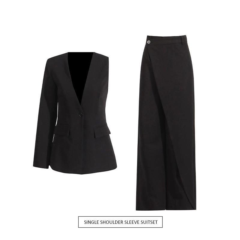 Personalized Street Style High-end Suit Women With Irregular One-sided Sleeves Small High Waist Wide-leg Pants