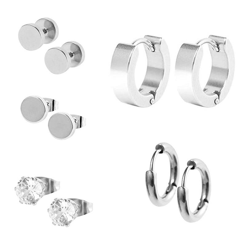 5 Pairs Of Stylish Steel Color Stainless Steel Earrings For Women And Men Punk Gothic Stud Earrings Set