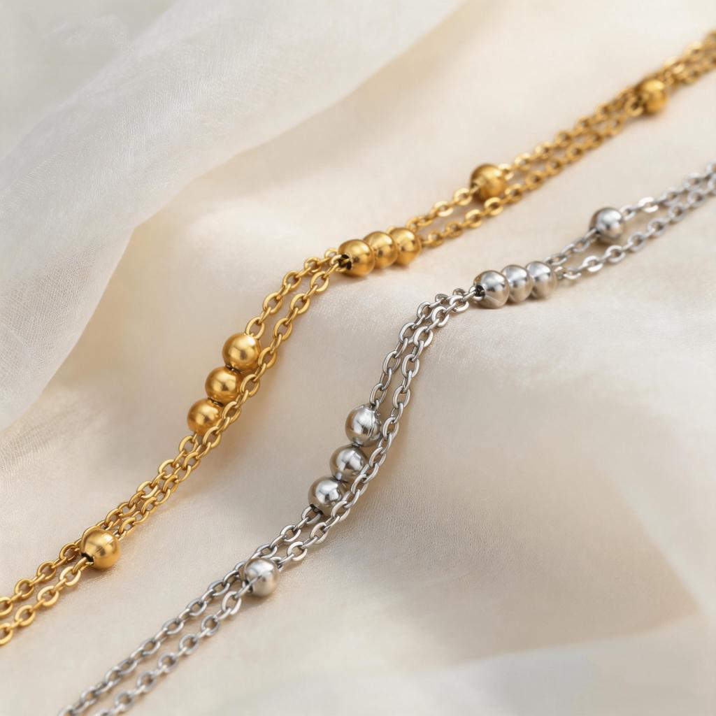 Gold Plated Double Layer Round Beads Bracelet, Stainless Steel Adjustable Thin Link Chain Bracelets, Luxury Jewelry for Women