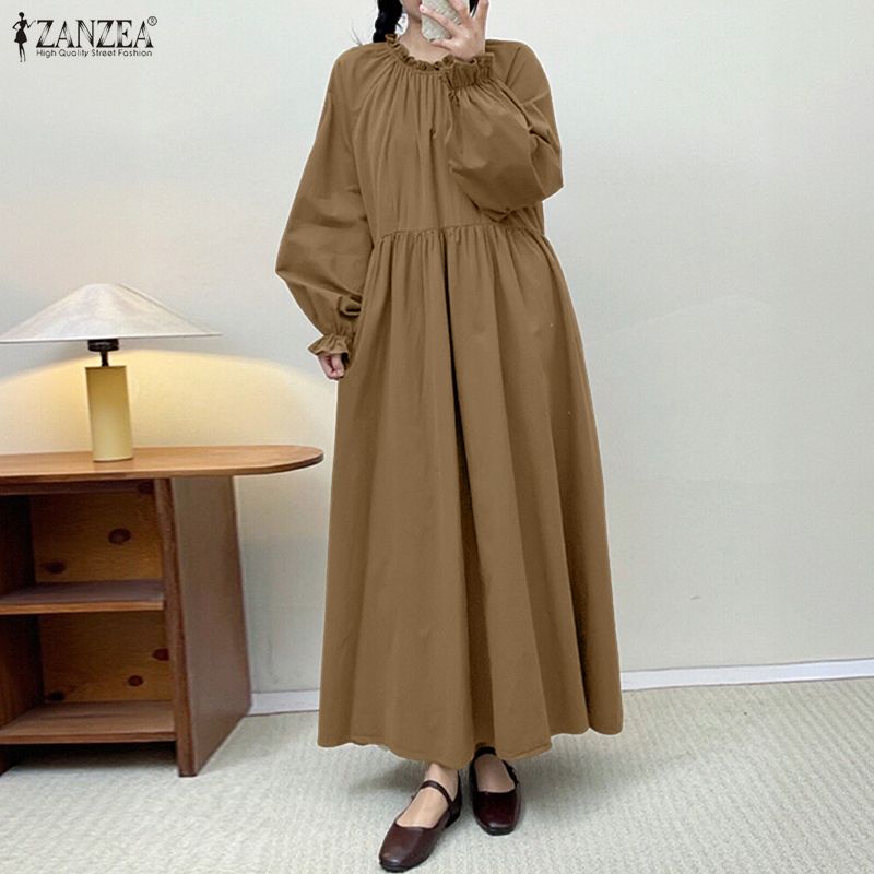 ZANZEA Women Casual Round Neck Long Sleeve Casual Baggy Long Maxi Swing Dress