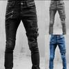 Biker Straight Elastic Jeans Men Zipper Hole Streetwear Punk Skinny Denim Cargo Pants Pantalones Clothing