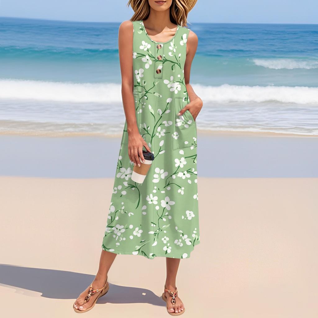 Women's Summer Vintage Floral Patchwork Print Dress Sleeveless Button Down Casual Loose Long Beach Sundress