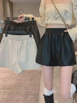 New PU Leather Wide-Leg Outer Shorts for Women - Autumn/Winter Fashion, 23 Waist, Loose Large Size, Slim Tall Design.