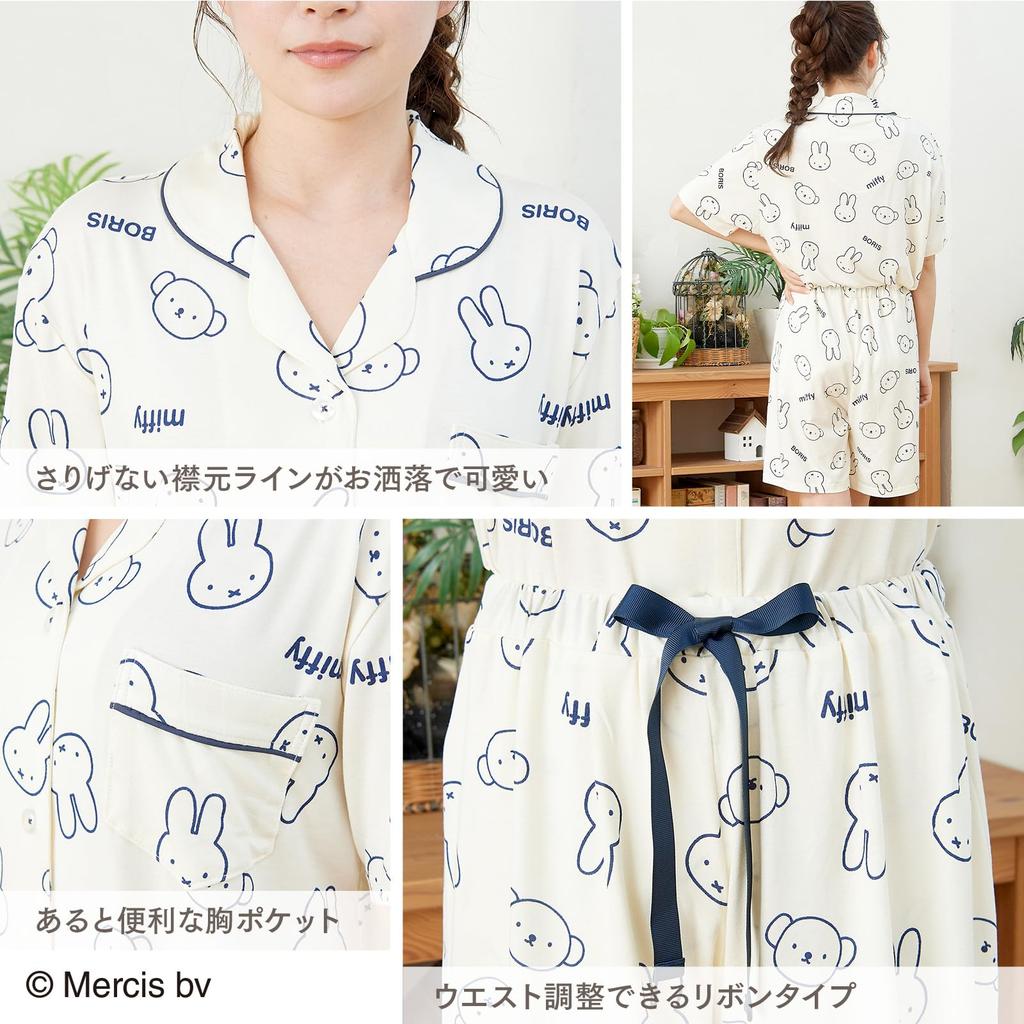 Luanna Jena Miffy Pajama Short Sleeve Shirt and QWMI05 Women's Set, Shorts, Spring/Summer, (L, Off-White)