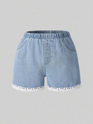 Single-pack Girls' Casual, Comfortable, Versatile, Cute Lace-trimmed Denim Shorts