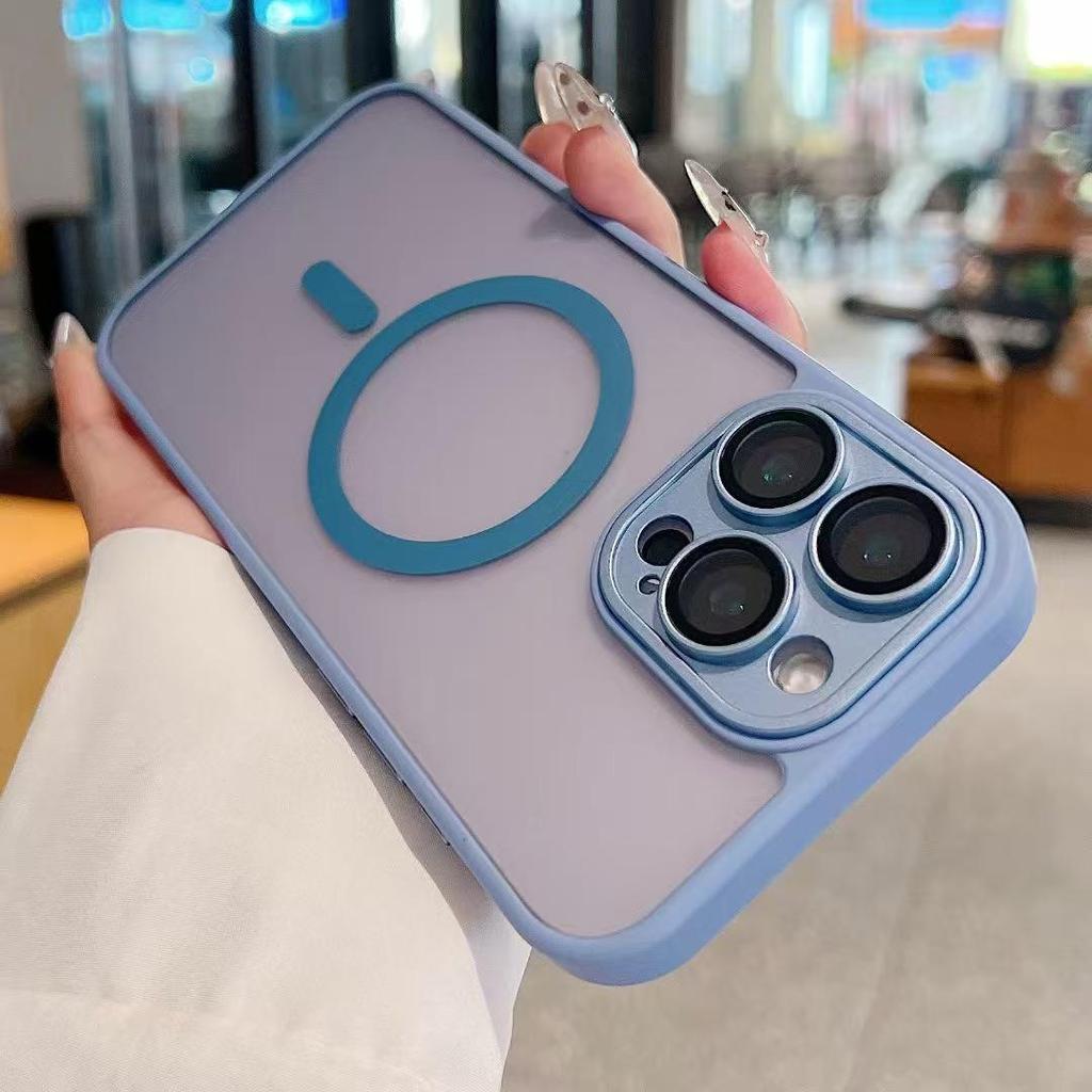 Trendy Magnetic Lens Film & Solid Color Phone Case for Apple 11/13/14/15/16 Pro Max - Frosted Finish, Full Coverage