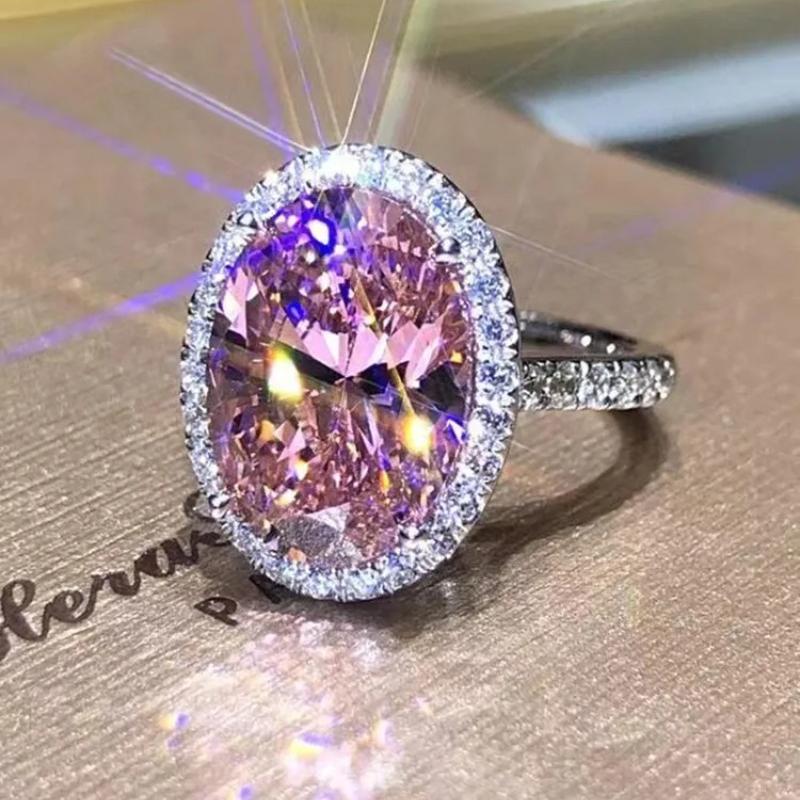 Milangirl Fashion  Ring Simple Geometric Oval Moissanite Inlaid Pink Zircon Ring For Women Temperament Girl  Hot Sale