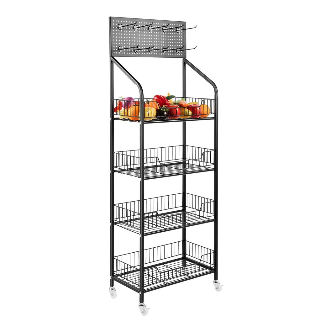4 Tier Metal Wire Storage Shelf Display Rack with Wheels Black Stand Supermarket Retail Display Rack for Snacks Fruits Tools