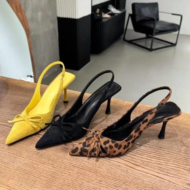 Women's Kitten Heels Slingbacks Sandals Leopard Genuine Leather Pointed Toe Party Wedding Shoes Woman Quality Pumps Bow