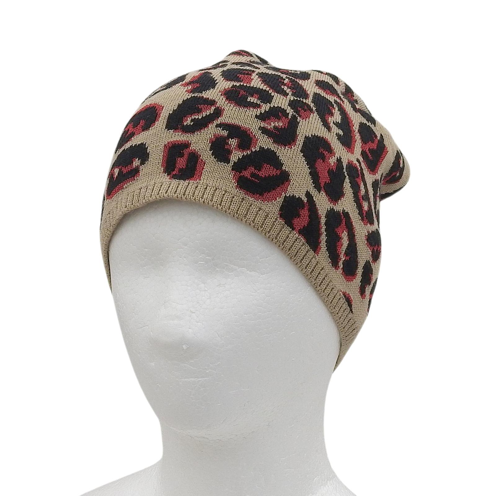 Excellent FENDI Knit cap FF logo leopard beige wool Women FXQ538 Used