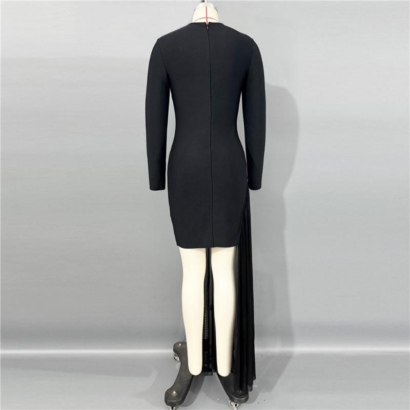 Round High Neck Long Sleeve Bandage Skirt Mesh Dress Splicing Heavy Industry Metal Tight Sexy Women's Clothing