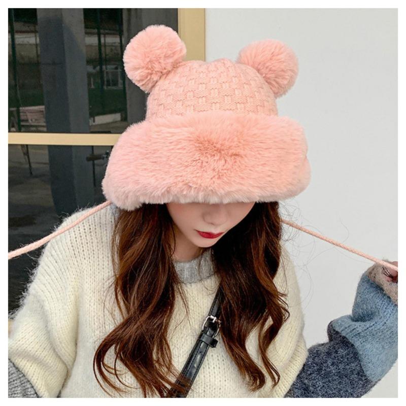 Winter Hat For Girls Faux Fur Pompom Knitted Hat For Outdoor