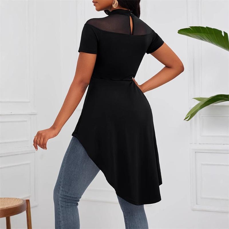 Women's Sexy Round Neck Shoulder Perspective Spice Girl Irregular Hem Short Sleeve Top