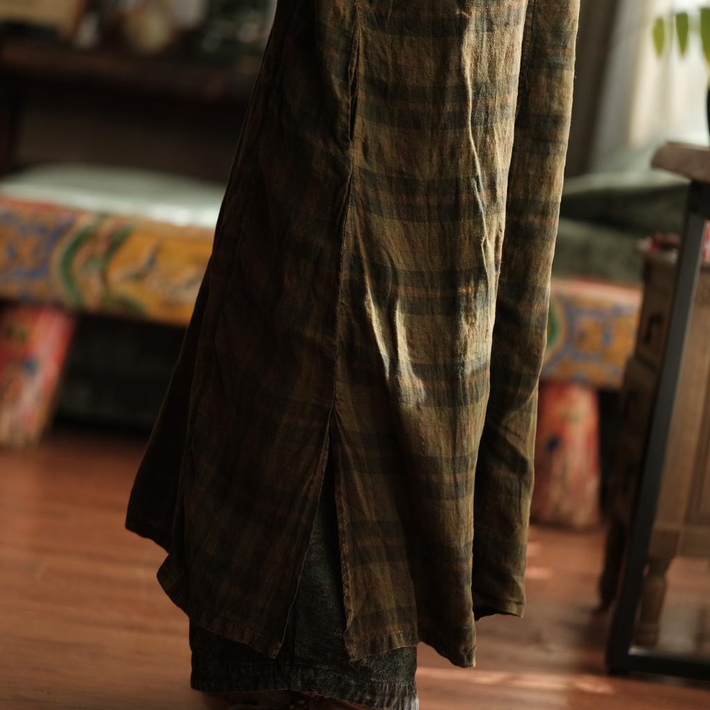 Johnature Damen Vintage Winter Grünes Gestreiftes Kleid O-Ausschnitt Langarm Locker Hohe Qualität Damenkleid