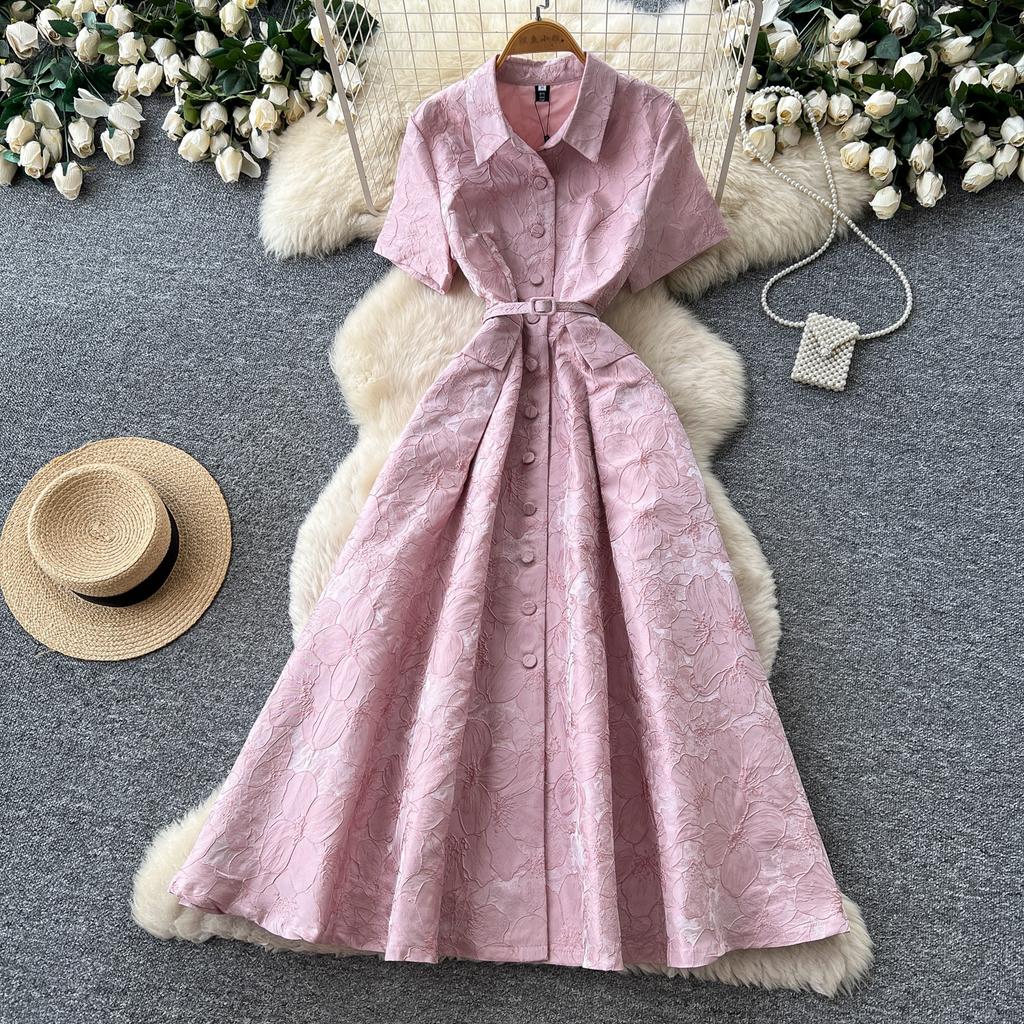 Elegant temperament lapel short sleeve temperament dress women's summer waist thin A-shaped skirt commuter temperament dress
