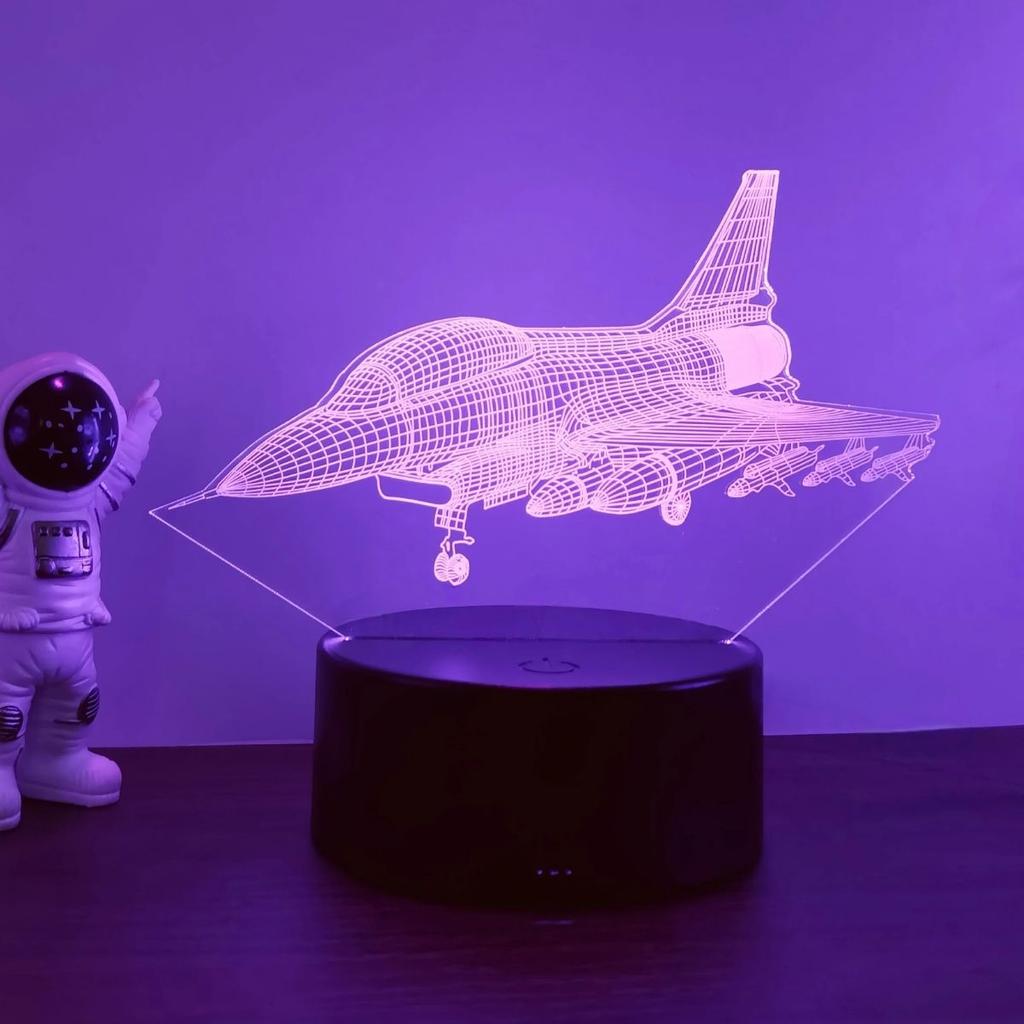 Fighter aircraft 3D night light, 3D optical illusion light with touch, bedroom 7-color color changing ambient light