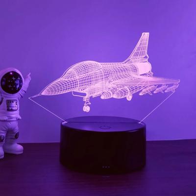 Savaş uçağı 3D gece lambası, dokunmatik 3D optik illüzyon ışığı, yatak odası için 7 renkli renk değiştiren ortam ışığı