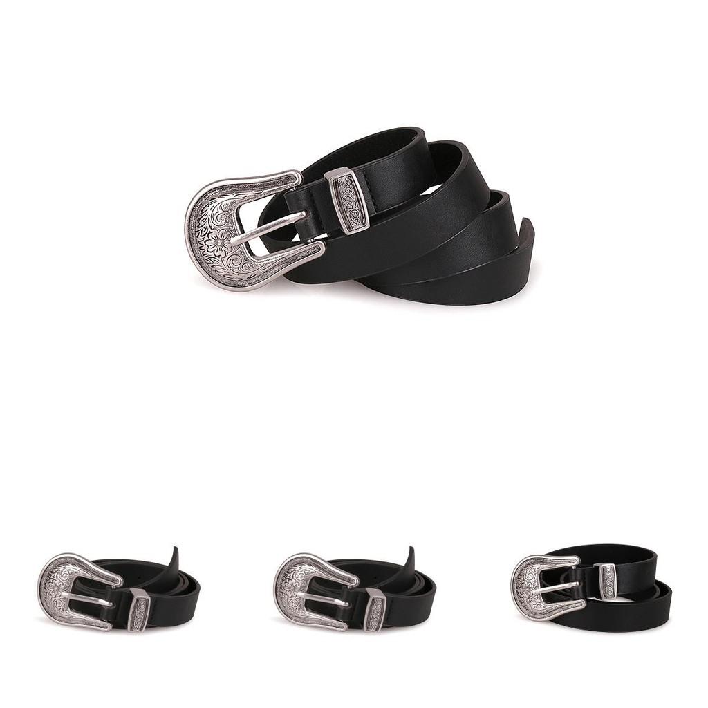 Retro Leatherlike Belt With Ornate Silver Buckle And Natural Texture For Casual Wear