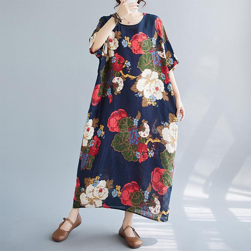 

Летнее свободное платье больших размеров из хлопка и льна с круглым вырезом и короткими рукавами длиной до колена one size