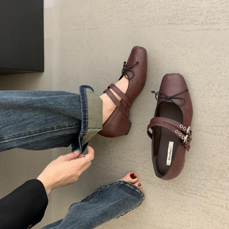 British style bow square head soft leather thick heel Mary Jane shoes women's shoes double breasted light mouth single shoes