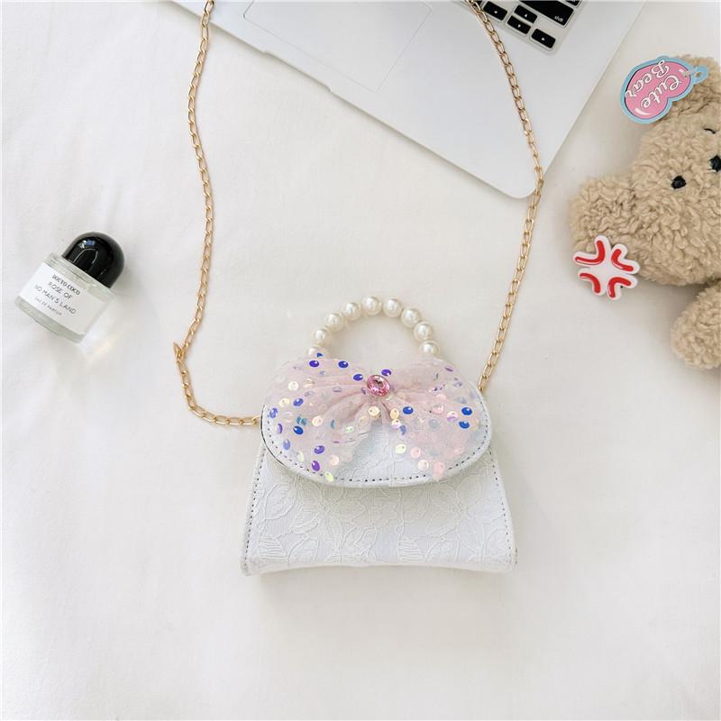 Modern And Breathable Pearl Handbag For Kids With Lovely Bow And Geometric Pattern белый