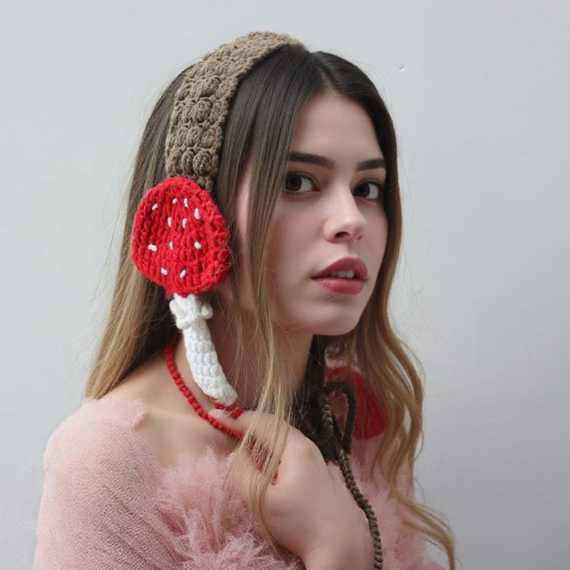 Handmade Crochet Mushroom Hairband Ear Warmer For Women Girl Soft Cotton Hair Accessory For Daily Use Special Event