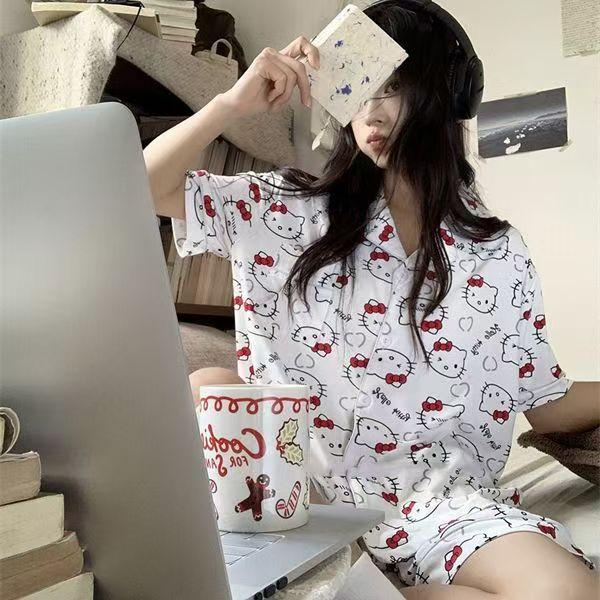 Girl Sweet and Cute Kitty Cat Pajamas Women's Summer New Short-sleeved Shorts Casual Loose Homewear Set