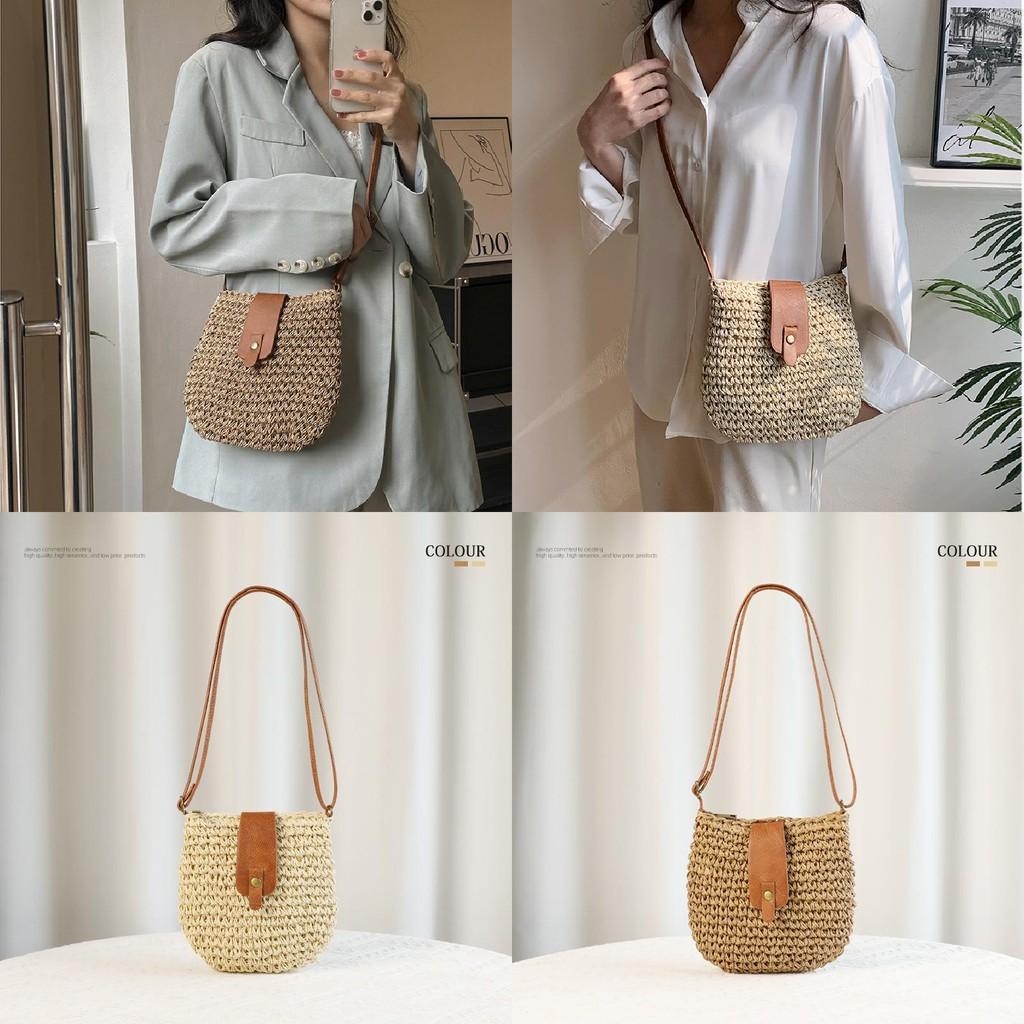 Simple Color Blocked Women Casual One Shoulder Grass Woven Bag For Daily Use And Beach Outings