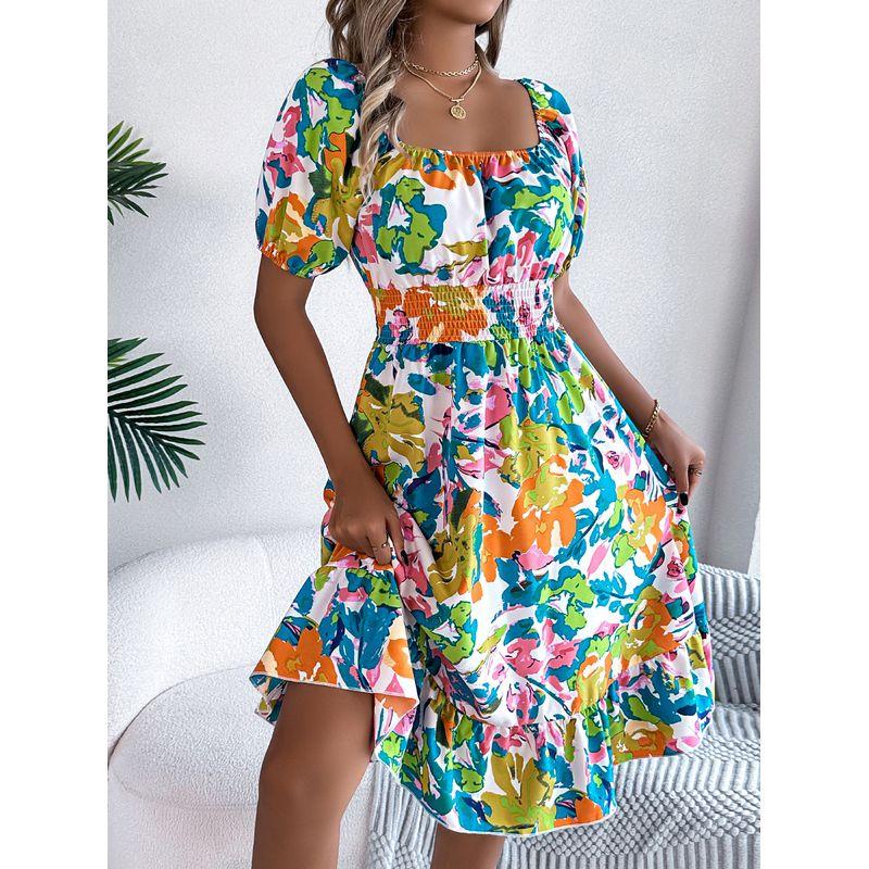 Ruffle Edge Dress2025 Spring/Summer European and American Women clothes Flower Square Collar Short sleeve Waist Hugging Frill A- line Skirt