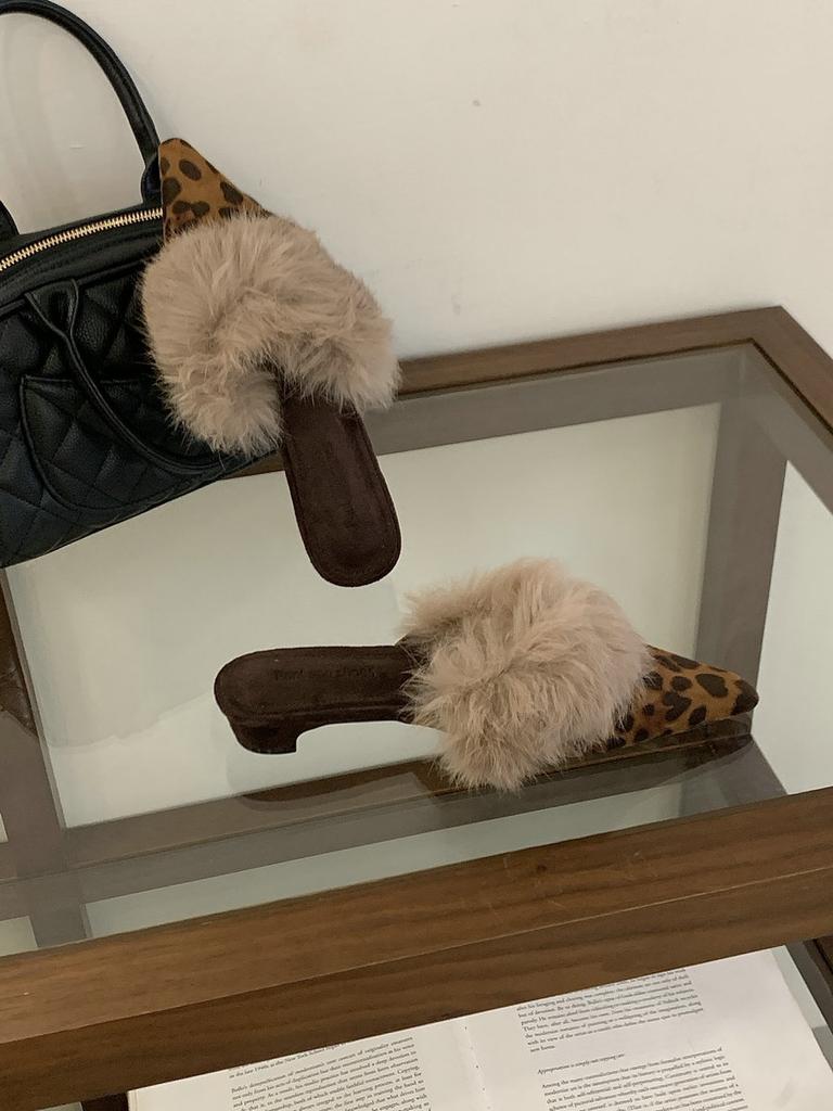 French Pointed Head Velvet Kitten and Female Wear Autumn and Winter Fluffy Shoes Temperament Thick Heel Bag Head Rabbit Hair Sandals