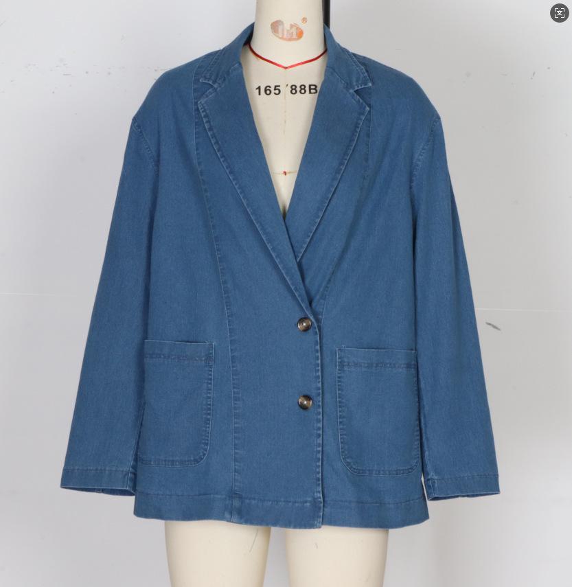 Elegant European and American Denim Jacket - Women's Casual Long Sleeve Blazer with Pockets