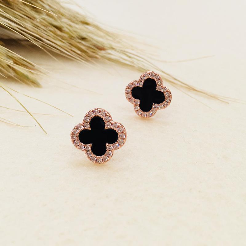 Women's Black Four-leaf Clover Earrings Full Diamond Zircon Anti-allergic Jewelry Earrings