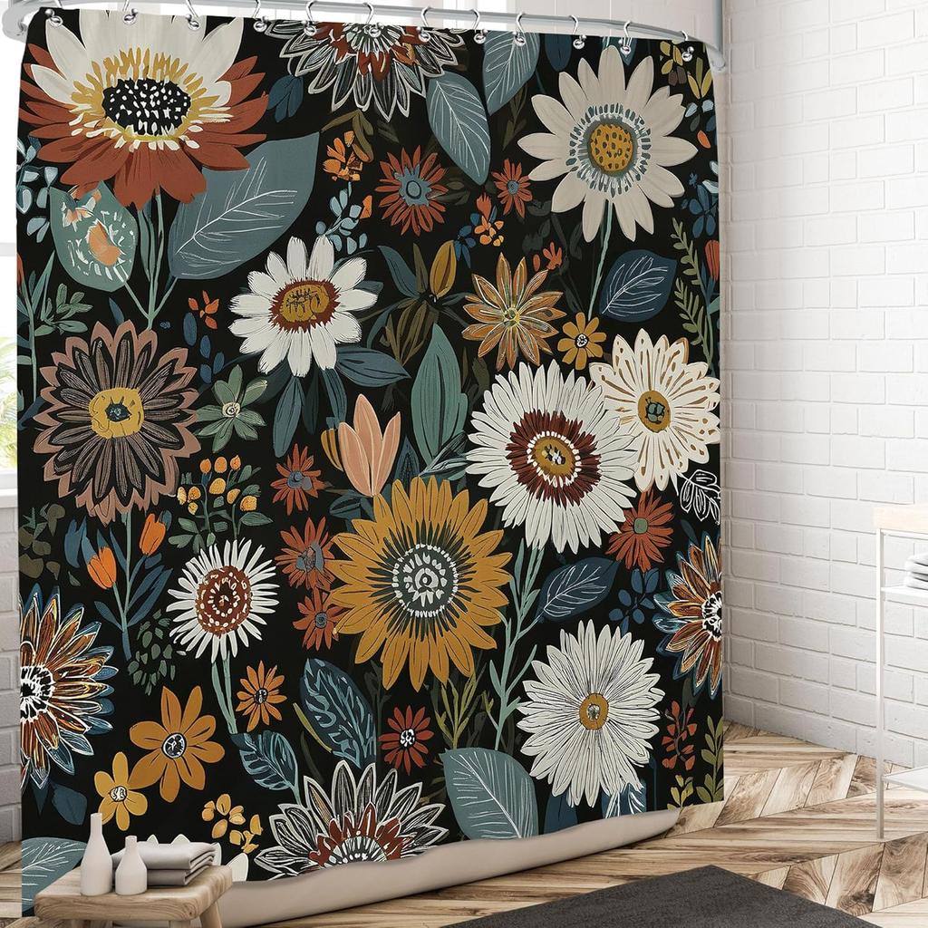 Boho Kwiatowy Zestaw Zasłony Prysznicowej Bohemskie Kwiatowe Zasłony Prysznicowe Vintage Retro Rustykalne Akwarelowe Botaniczne Roślinne Zasłona Kąpielowa Róża