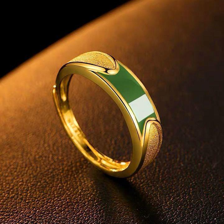 Gold-Plated Adjustable Couple Rings with Jade Inlay - High-End Jewelry for Men and Women