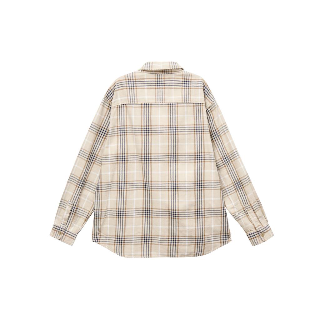 UNIQLO Checkered Stripe Pointed Collar Long Sleeve Shirt Unisex shirts Beige 462388-31