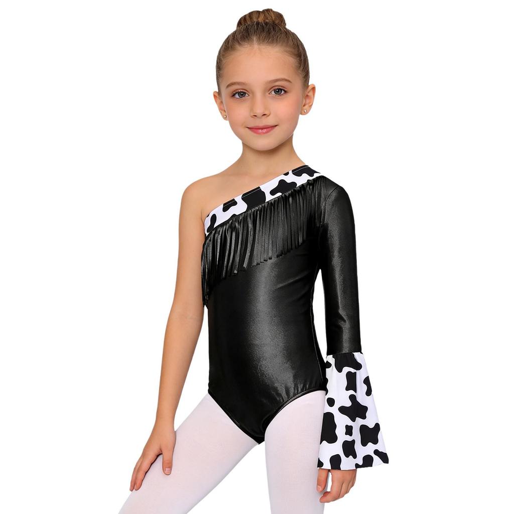Costume Cowgirl pour Filles Manches Longues Évasées à Gauche Combinaison Métallique Patchwork à Franges Boutons Pression