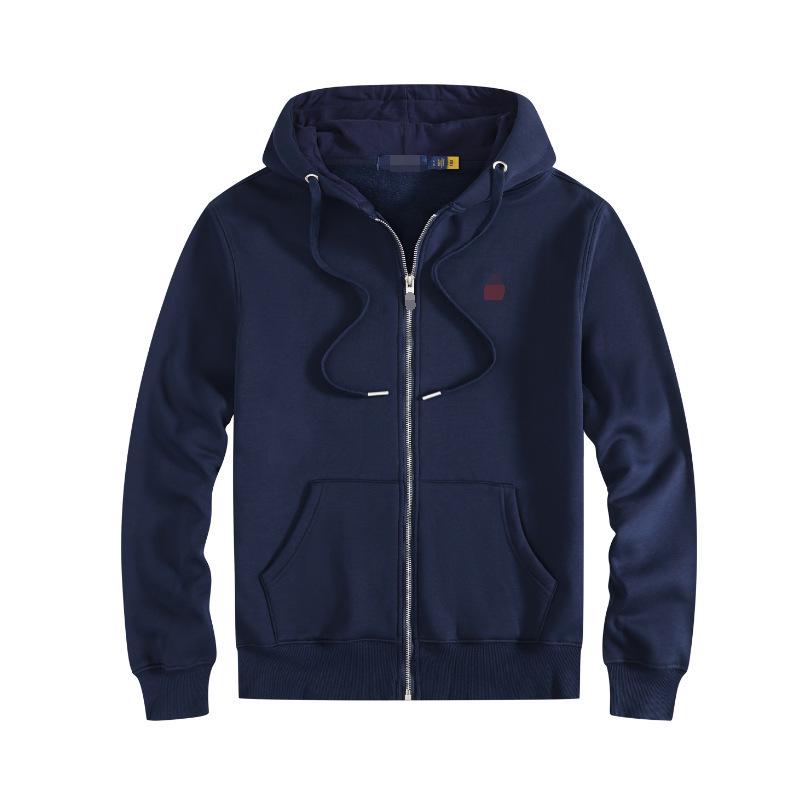 Herren Baumwolle Langarm Bestickter Pferd Polo Hoodie mit Reißverschluss Cardigan und Samtfutter für Herbst und Winter