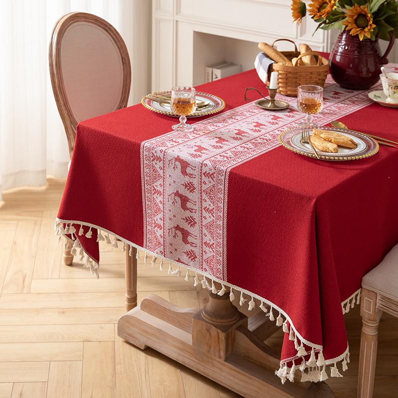 Red Wedding Festive Christmas Day Jacquard Retro Fringed Tablecloth Coffee Table Cloth Dining Table Cloth Cover Towel