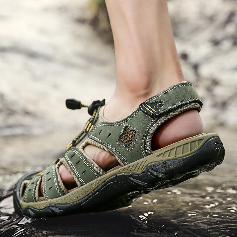 Men Hiking Sandals Green Leather Sandals Outdoor Summer Brown Roman Sandals Beach Shoes Plus Size