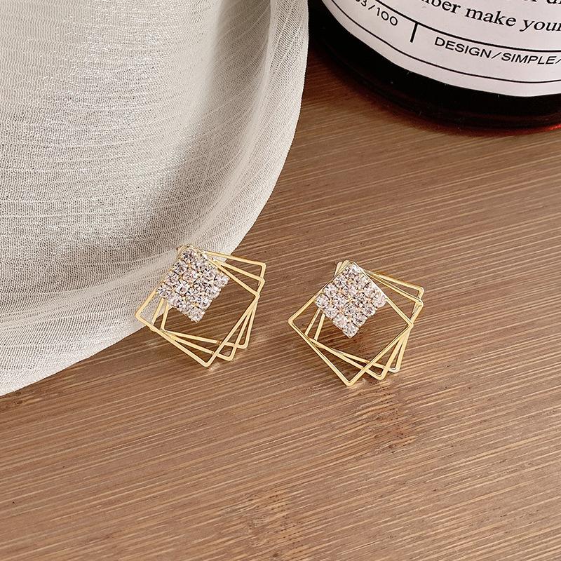 Crystal Inlay Three Layers Square Stud Earring for Women Korean Hollow Geometric Jewelry Simple Valentine's Day Gift