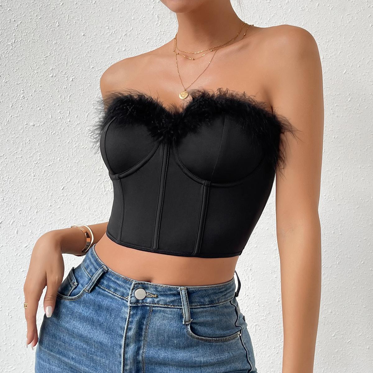 

Искусственный меховой топ с открытыми плечами, укороченный топ, женский, летний, без бретелек, стальная майка, майка-труба, женский укороченный жилет без рукавов, одежда 2010 года S чёрный