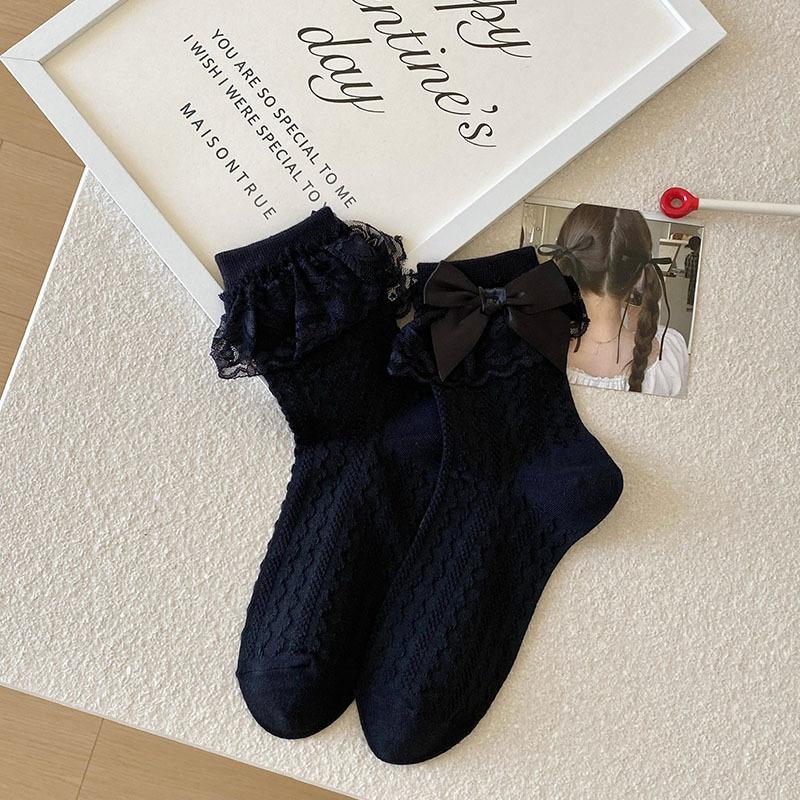 Female Spring Summer New Style Sweet Lace Edge Bow In The Tube Pile Socks