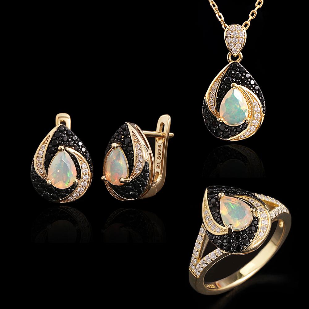 

Винтажный дизайн 925 стерлинговое серебро Натуральный эфиопский опал Кольцо Серьги Подвеска Ожерелье изящный женский ювелирный набор для вечеринки подарки US RING SIZE:6#