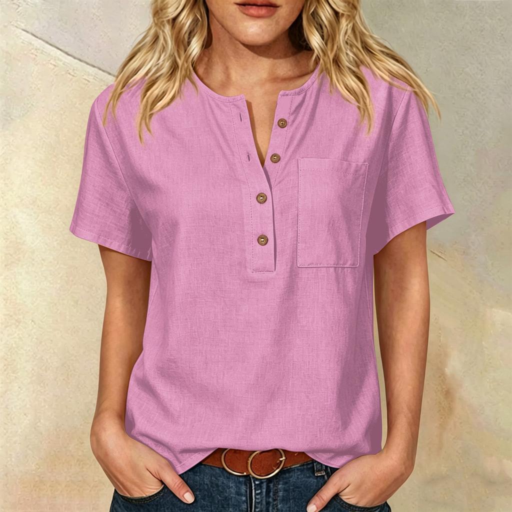 Women Henley Button Neck Short Sleeve Cotton Linen Shirt with Chest Pocket Relaxed Fit Casual Top for Everyday Wear