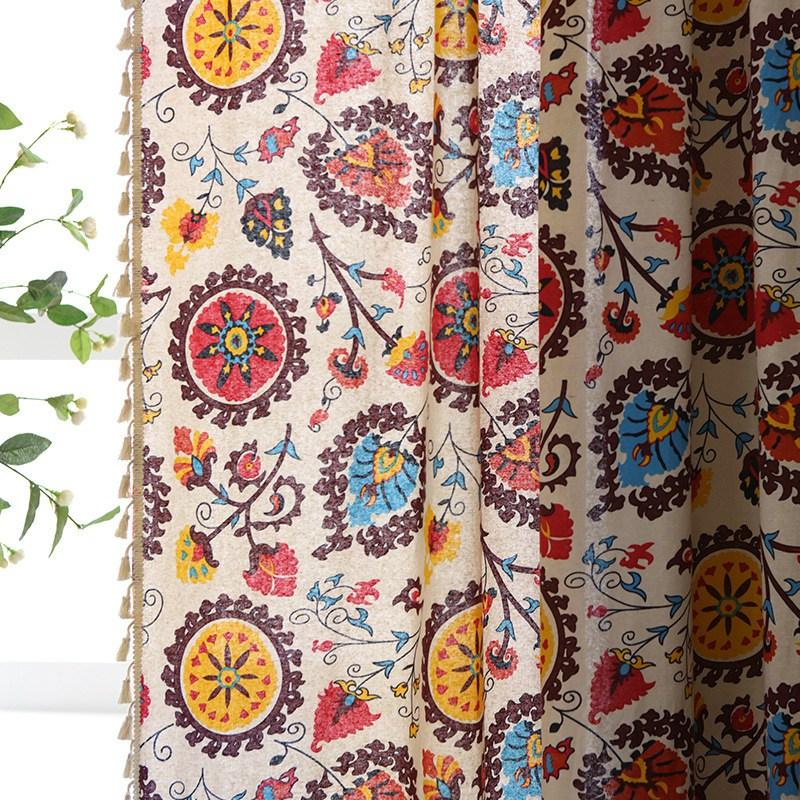 Bohemian Sunflower Jacquard with Tassels Curtain Thick Blackout Curtains for Living Room American Vintage Drape Kitchen Valance